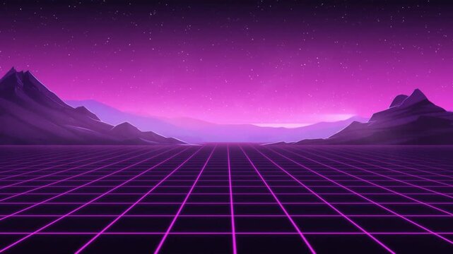 Retro 80s synthwave background with a perspective neon wireframe grid landscape between dark mountains under a glowing purple starry sky