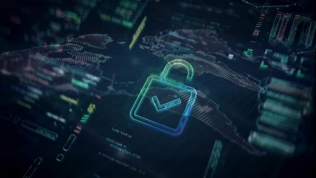 Glowing blue padlock icon over a complex digital map and HUD interface. Represents cybersecurity, access control, and advanced digital asset protection.