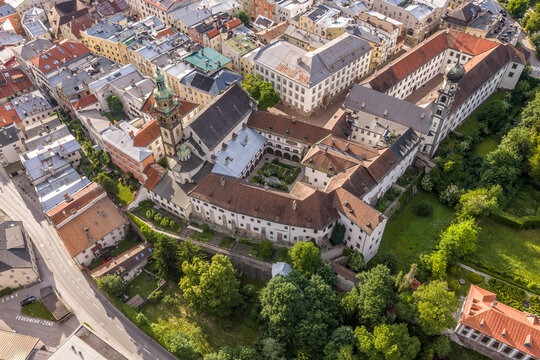 Aerial view of Konigliches Damenstift Royal Ladies Convent and Stiftskirche church in the old town of Hall in Tirol, Austria