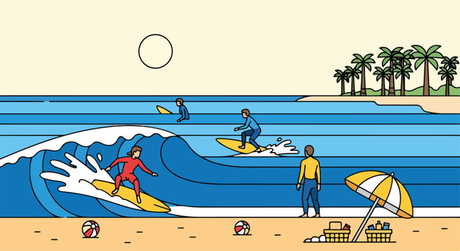 A beach scene with surfers riding waves