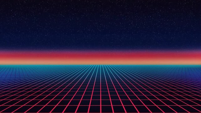 Retro 80s synthwave background with a perspective digital wireframe grid landscape and a glowing starry night sky horizon
