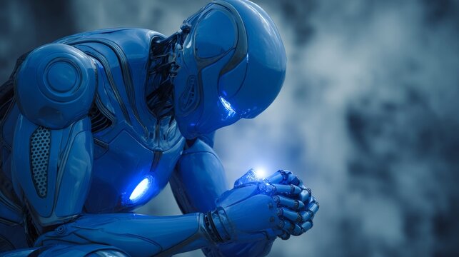 Advanced humanoid cyborg robot with glowing blue digital screen face, futuristic artificial intelligence android portrait, high tech cybernetic machine, smart robotics innovation, next generation ai t