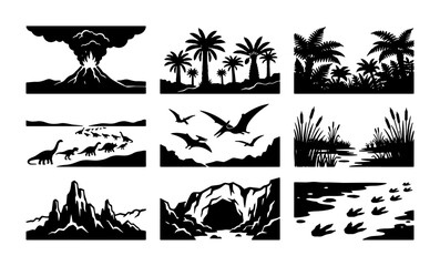 Dinosaur Era Landscapes, Prehistoric Scenes, Volcano Eruption, Pterodactyl Flight, Cave Entrance, Footprints, Palm Trees, Vector Set © Ayesha