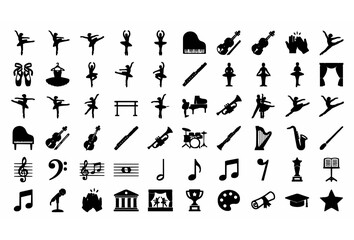 Naklejka premium Ballet and Music Black Silhouette Vector Mega Collection with Ballerina Piano Violin Trumpet Harp Saxophone Note Trophy Icons