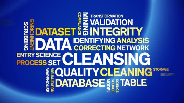 Data Cleansing animated word cloud-text design animation tag kinetic typography seamless loop.