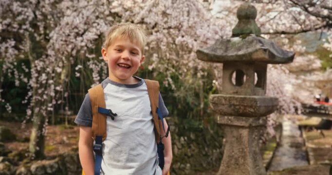 Happy Boy with Backpack Laughing by Stone Lantern With Cherry Blossoms In Japan