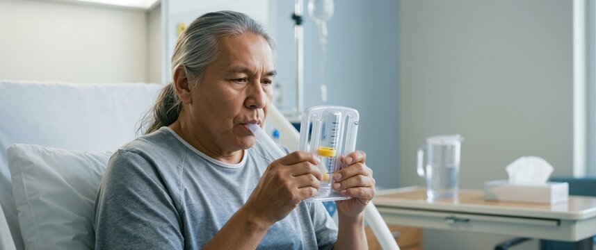 Elderly man using an incentive spirometer in a hospital. Senior patient performing breathing exercises for lung recovery