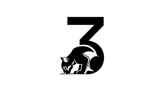 Black and white cat logo with number three design.