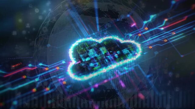Glowing neon cloud icon with circuit board patterns floating over a digital earth globe with fast data streams. Concept of fast and modern cloud network.