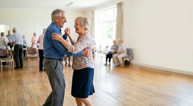 Senior couple dancing in a community hall. Elderly man and woman enjoying a dance class