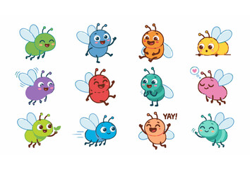 Fototapeta premium Cute Cartoon Fly Character Vector Set with Colorful Happy Playful Expressions Green Blue Red Purple Kawaii Insect Icons