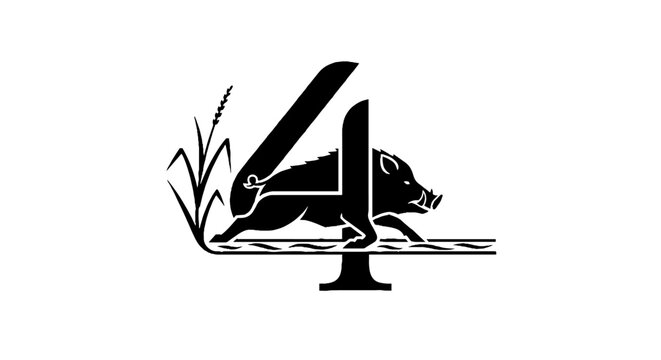Black and white pig illustration with number four design.