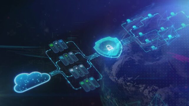 Cloud computing icon connected to data servers and a security shield, linking to a global earth network. Concept of secure cloud storage infrastructure.