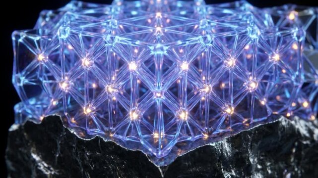 無機基板上に発光する原子が集積し半透明の結晶格子を構築するエピタキシャル成長の抽象CGアニメーション