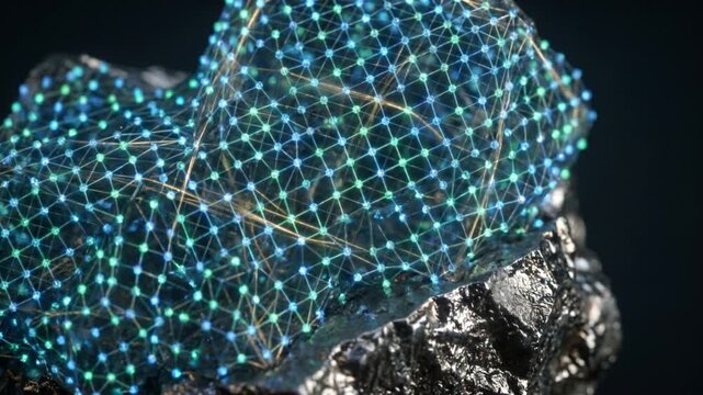 無機基板上に発光する原子が集積し半透明の結晶格子を構築するエピタキシャル成長の抽象CGアニメーション