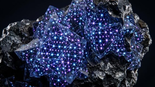 無機基板上に発光する原子が集積し半透明の結晶格子を構築するエピタキシャル成長の抽象CGアニメーション
