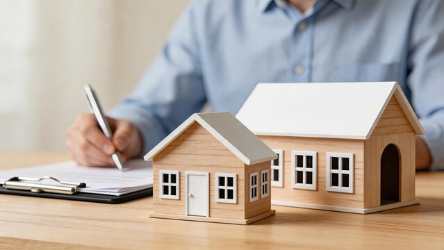 Real estate agent signing contract with house models on table, property investment, mortgage agreement, buying or selling home, architectural scale models, legal documents,