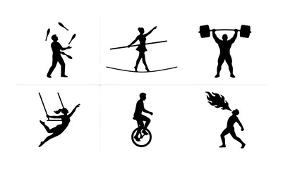 Circus Performers Silhouette Collection: Juggler, Tightrope Walker, Weightlifter, Trapeze Artist, Unicyclist, Fire Eater, 6 Vector Icons for Entertainment and Performance Concepts © Tanvir