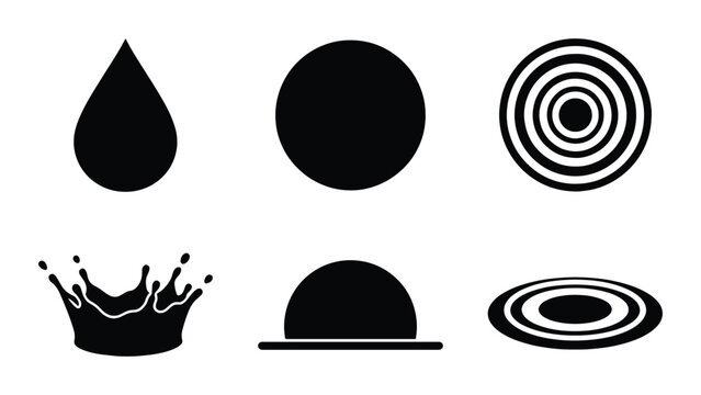 Abstract Black Geometric Shapes Vector Icons, Water Drop, Circle, Ripple, Crown Splash, Dome, Concentric Circles
