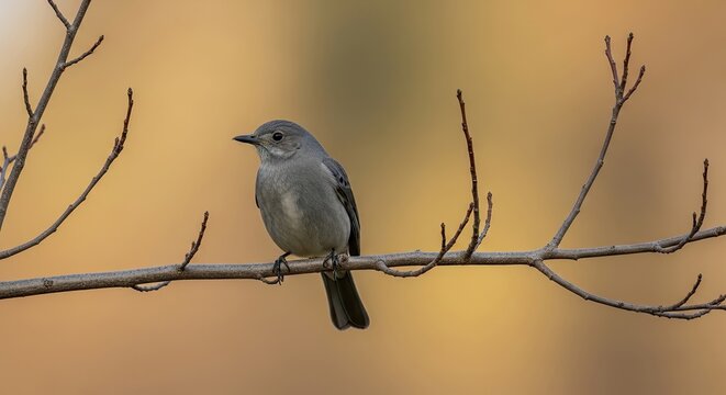 Small gray songbird perched on a branch in autumn light