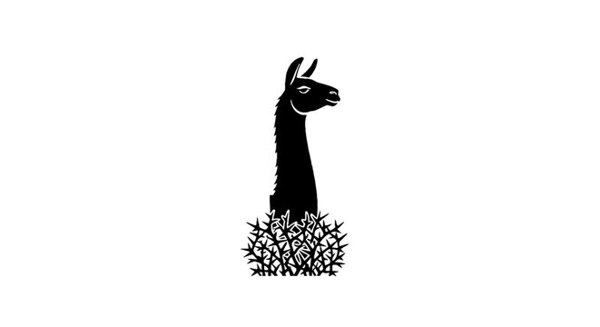 Black and white illustration of a llama head with grass.