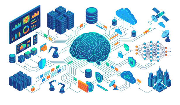 Machine Learning White Banner with AI Digital Brain Big Data and Server Infrastructure Isometric Vector Illustration