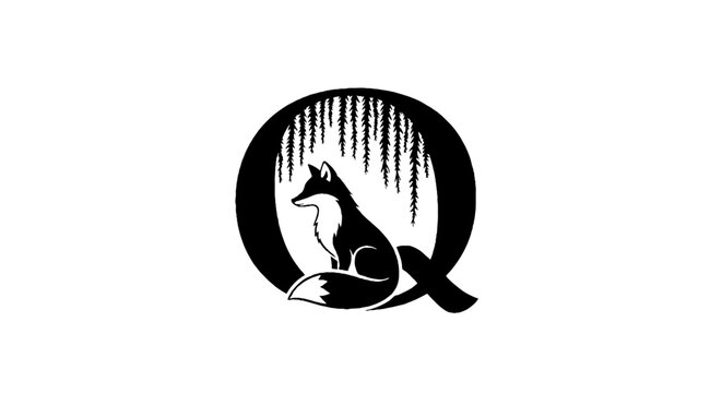 Black and white wolf logo design with forest silhouette.