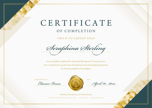 Elegant Certificate of Completion Template - Modern Design with Gold and Green Geometric Accents