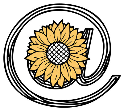 Floral Email Symbol: Stylized Yellow Sunflower Inside Graphic "At" Sign for Digital Communication Theme