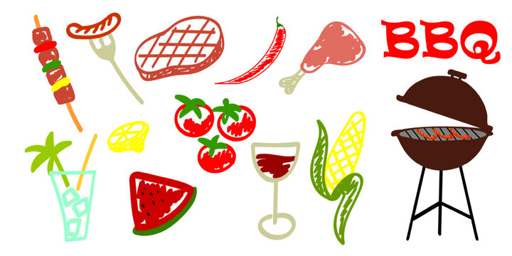Barbecue Party Doodle Vector Set with round charcoal grill steak, sausage, skewers, vegetables, refreshing drinks. Hand drawn sketch elements for backyard bbq menu, cookout, restaurant graphic