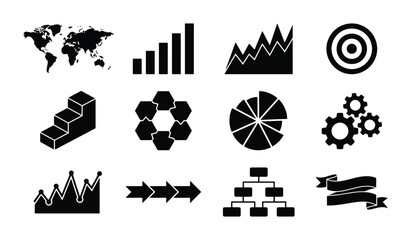Naklejka premium Business Data Icons Set: World Map, Charts, Target, Stairs, Pie Chart, Gears, Flowchart, Banners