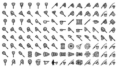 Fishing Net Silhouette Icon Set with Handheld Nets and Fishing Equipment Vector Collection © Mdyounus