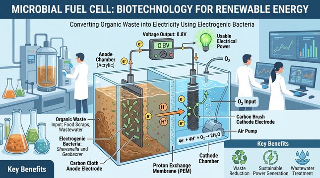 Diagram explaining how microbial fuel cells use electrogenic bacteria to convert organic waste into electricity for sustainable energy and wastewater treatment.