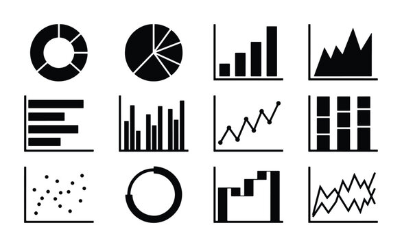 12 Black and White Data Charts, Graphs, and Diagrams Vector Icons Set