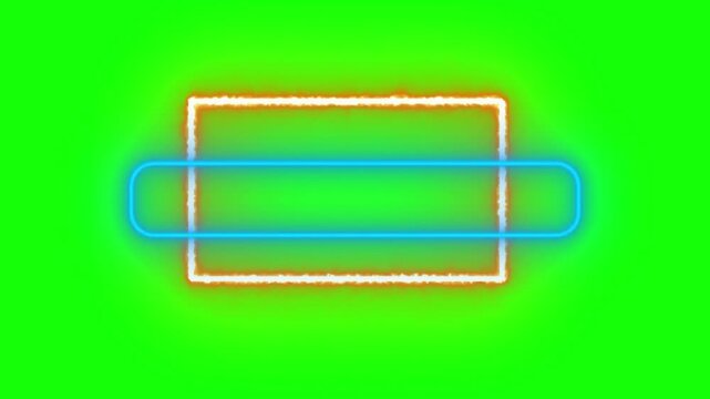 Neon rectangular frame glows with a bright orange border and a horizontal blue line against a vibrant solid green background screen.