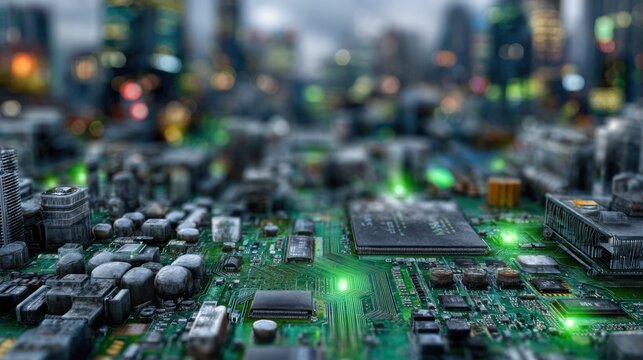 Futuristic Circuit Board With Glowing Elements in Urban Environment, Illustrating Advanced Technology and Digital Innovation in Electronics Industry