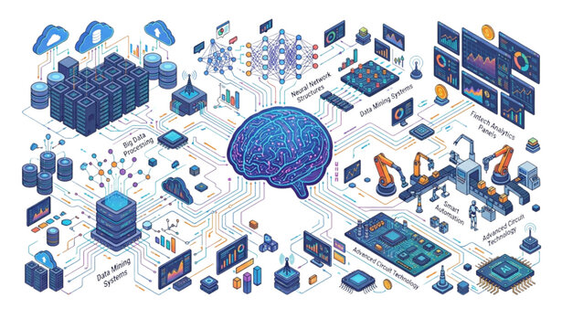 AI and Machine Learning Technology Banner with Data Servers Digital Brain and Smart Network Isometric Design