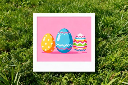 Easter eggs in frame on grass