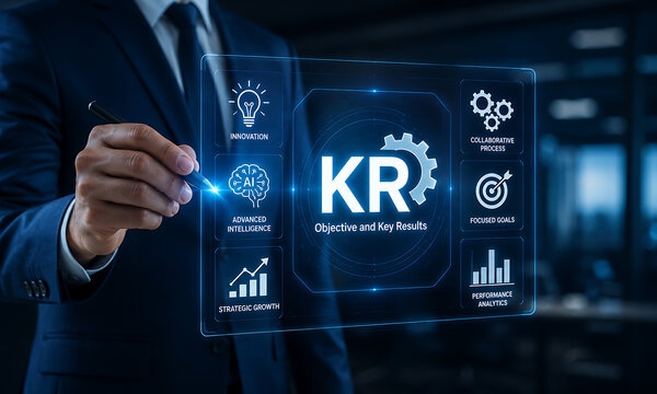 Businessman pointing at Key Results KR metrics on a futuristic digital interface with icons for growth and strategy