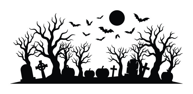 Spooky Halloween Silhouette, Haunted Graveyard Scene with Bats and Moon, Creepy Autumn Night Vector