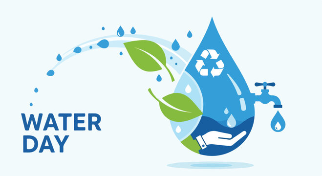 Water conservation poster with a hand holding water and leaves