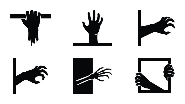Spooky Silhouette Hands Collection, Horror Zombie Claws, Grabbing Objects, Halloween Vector Icons