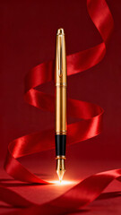 Naklejka premium Elegant luxury golden fountain pen surrounded by swirling red ribbon with a glowing nib over dark crimson background conceptualizing intellectual knowledge power.