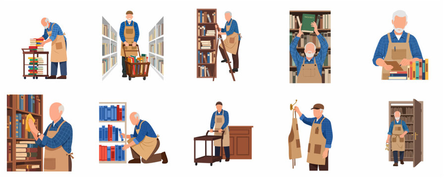 Elderly Librarian and Bookseller Character Set Working in Library or Bookstore