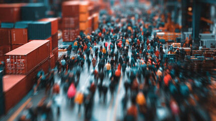 Obraz premium Crowded urban street scene with blurred pedestrians walking in city at dusk with neon reflections