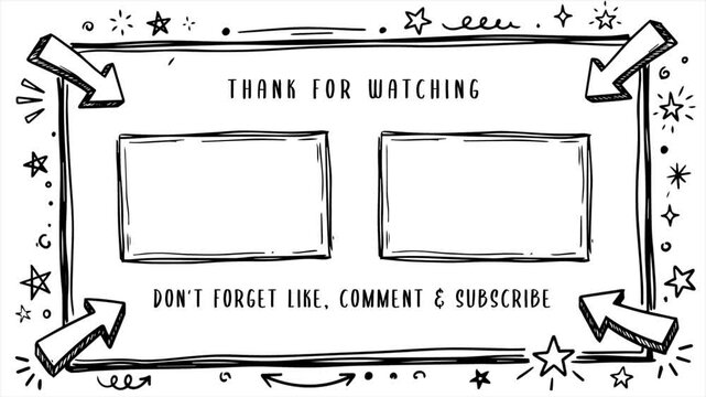 Social Media Video Animated End Screen in Doodle Art Style.isolated on a Yellow background. Suitable for vlog channel with children or kids content.Youtubee Video Template, background, endscreen