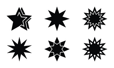 Obraz premium Black Starburst Icons, Star Shapes, Geometric Emblems, Abstract Graphic Elements