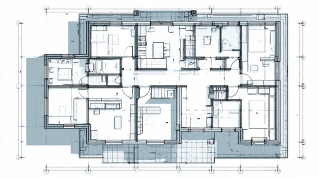 Architectural blueprint of a modern residence floor plan with detailed rooms and structural layout showing house design