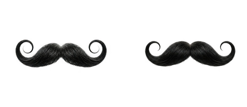Set of two realistic black curly mustaches isolated on transparent background