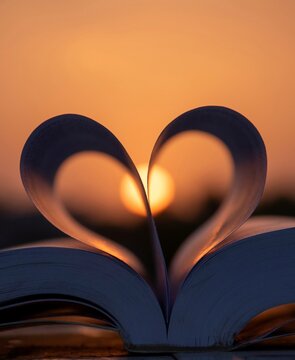 Evocative open book with heart shaped pages at sunset inspiring educational corporate publishing wisdom concept and romantic storytelling advertising web banner